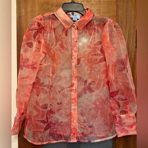 CeCe Women’s Sheer Abstract Floral Pink Rose Covered Button Up Organza Blouse